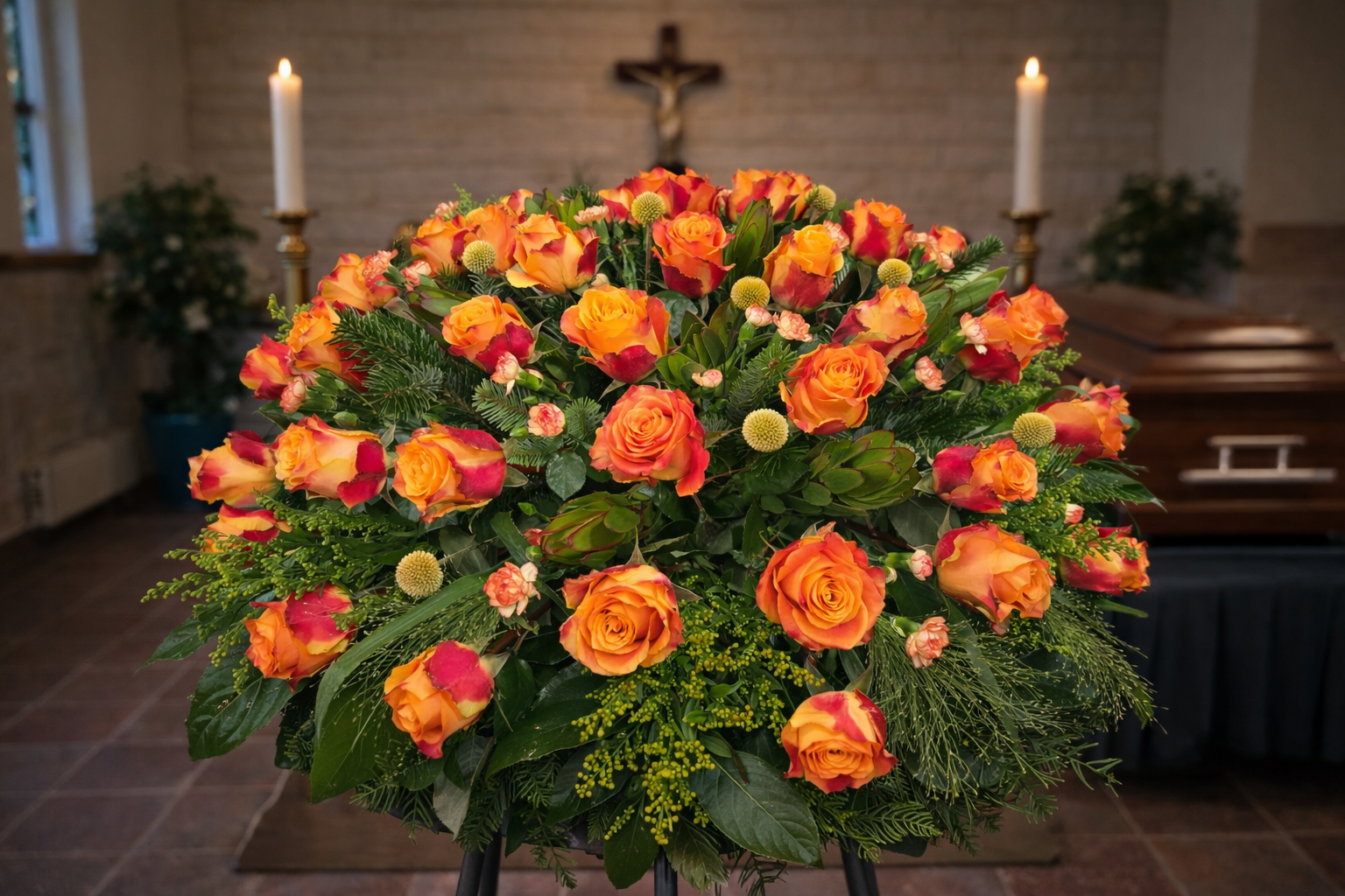 Wieniec pogrzebowy pomarańczowo-czerwone róże Szczecin